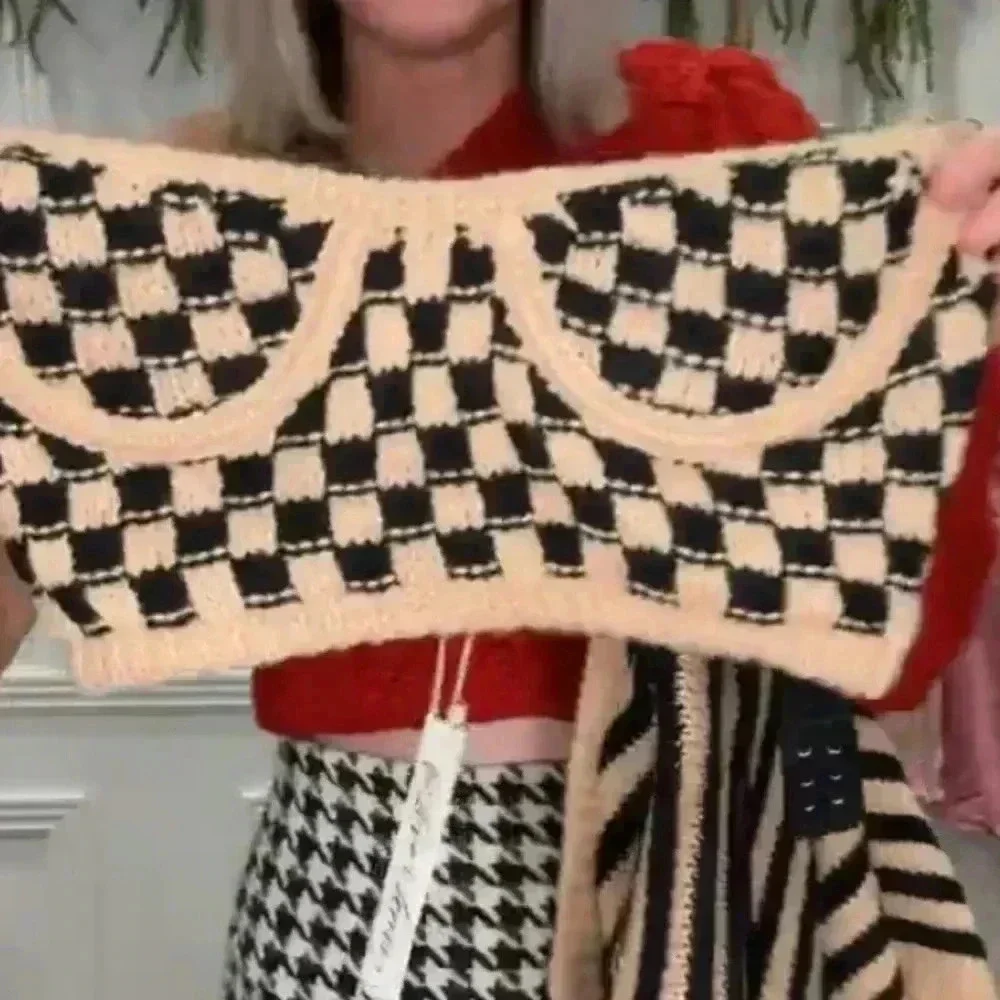 For Love and Lemons Bustier Crop Top Strapless Underwire Checkered Print L